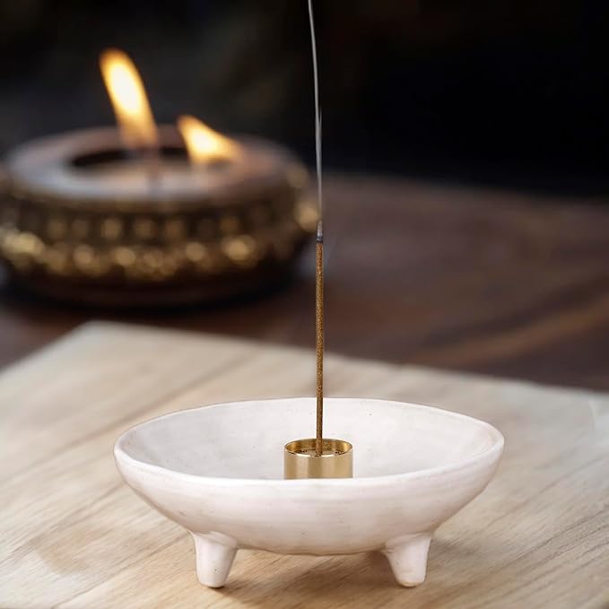 Incense Holder, Ceramic Burner Bowl with 9-Hole Insert, Tripod Design & Ash Catcher, for Sticks, Cones, Sage & Palo Santo – Handmade, Heat-Resistant & Easy to Clean, 6.15-Inch (White)