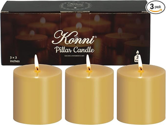 KONNI Mustard Yellow Pillar Candles Set of 3, 3"x 3" Unscented Pillar Candles Bulk, 30 Hours Long Burning Candles, Smokeless&Dripless Large Round Candle for Wedding, Home Decoration, Parties