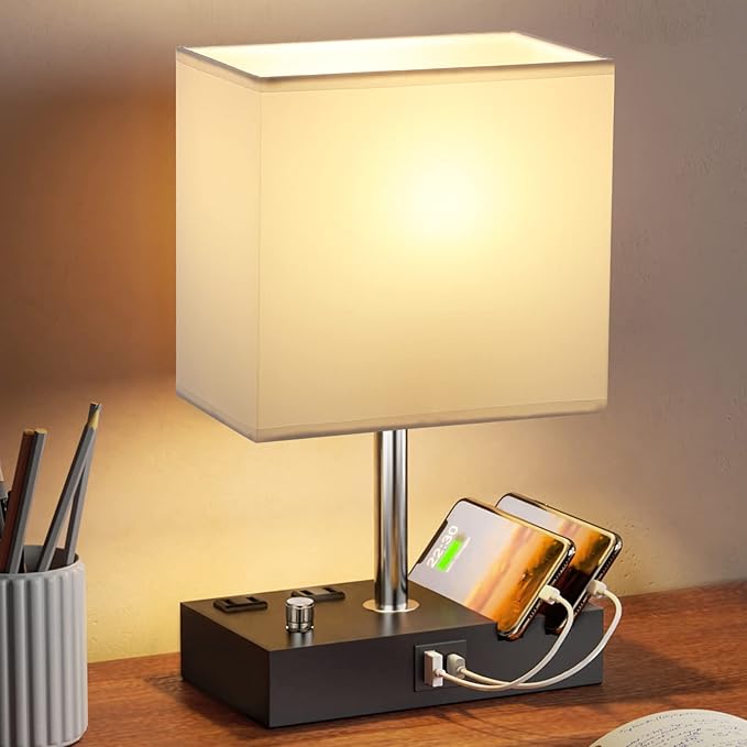Kakanuo Table Lamp for Bedroom with Dual USB Ports, White Fully Dimmable Bedside Lamp with Phone Stands and 2 Charging Outlets, Desk Lamp for Nightstand and Living Room, LED Bulb Included