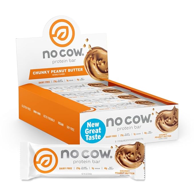 No Cow Vegan Protein Bars, Upgraded Chunky Peanut Butter | 20g Plant Based Protein, Gluten Free, Dairy Free, Soy Free, Keto Friendly, Low Sugar, High Fiber Snack Bars | Pack of 12