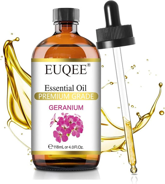 EUQEE Geranium Essential Oil 118 ml Pure Geranium Oil with Dropper for Diffusers, DIY, Skin Care, Massage, Aromatherapy (4 fl oz)