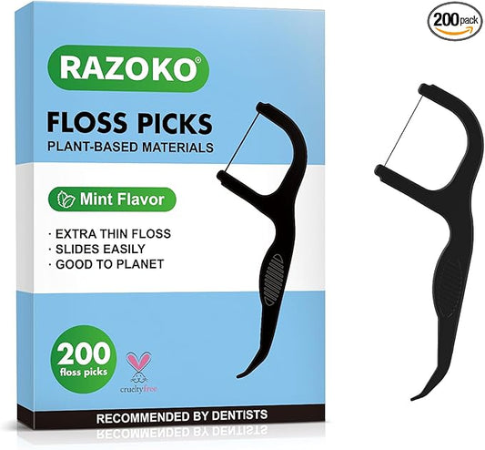 RAZOKO Biodegradable Dental Floss Picks, Charcoal Toothpick Stick Soft On Gum & Teeth, Plant Based Dental Floss Picks for Adults & Kids 200 Count