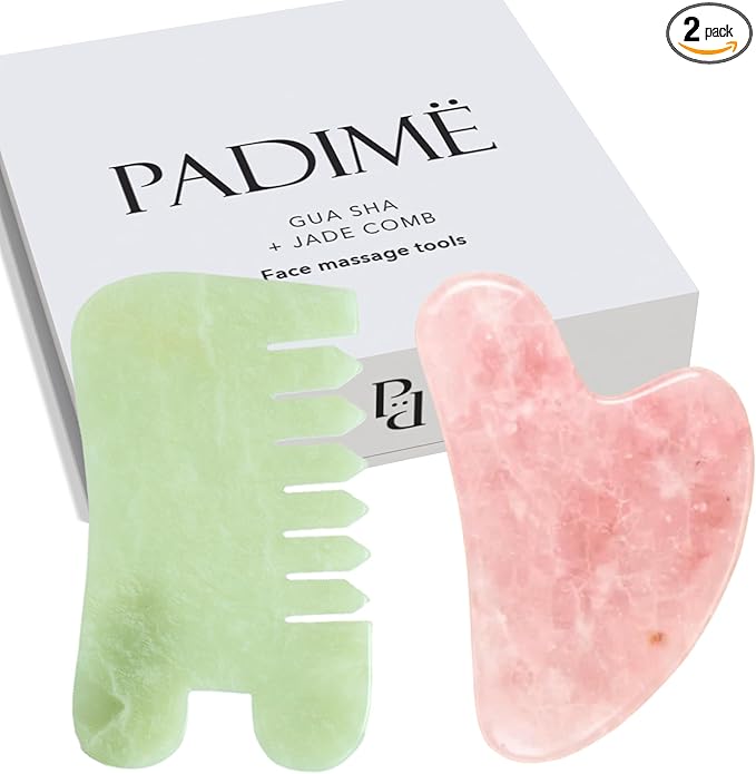Padime 2 pcs | Premium Set Massage 2-in-1 | Rose Quartz Gua Sha Stone Facial Tools + Jade Comb Scalp Massager | Puffiness Reducing & Relieve Muscle Tension - Stimulates and Strengthens Hair Growth