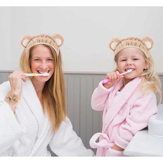 VELSCRUN Spa Headband, Makeup Face Wash Skincare Headbands, 5 Pcs Sponge Get Ready Bear Ears Hairband Facial Wristband Hair Clip Set, Stuff for Teen Girls Women Trendy Fashion Hair Accessories Brown