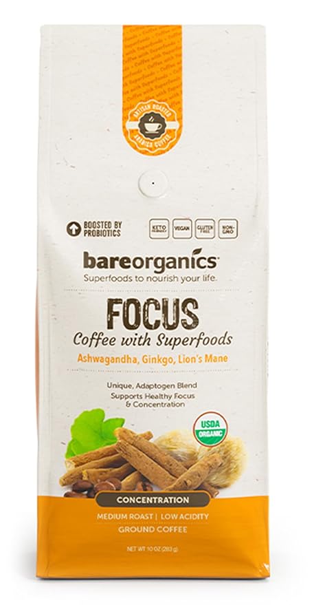 Focus Coffee with Superfoods - Organic Probiotic Mushroom Ground Bagged Coffee, Supports Healthy Focus & Digestion, Infused with Ashwagandha, Lion's Mane, and Cinnamon, USDA Certified Organic 10 oz