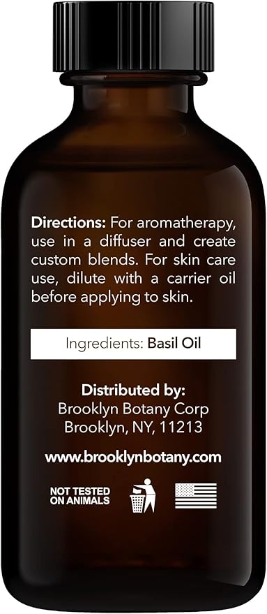 Brooklyn Botany Basil Essential Oil - 100% Pure and Natural - Premium Grade Oil with Dropper - for Aromatherapy and Diffuser - 1 Fl Oz