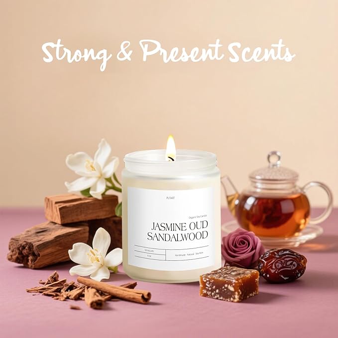 Jasmine, Oud & Sandalwood Scented Candles for Home, Natural Soy Wax Aromatherapy Non Toxic Candle Gifts for Women Men, Home Fragrance Decoration Glass Jar Candle for Relaxation (9oz White