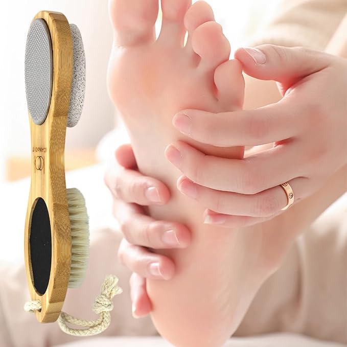 ICANdOIT-2 Packs Natural Bamboo Foot File Callus Remover-Multi Purpose 4 in 1 Feet Pedicure Kit with Boar Bristle Brush,Pumice Stone,Foot Rasp,Sand Paper