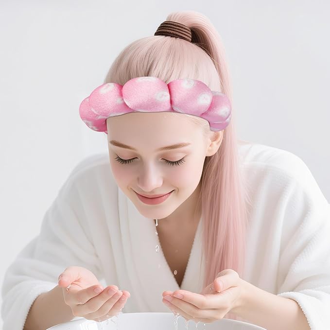 Zkptops Spa Headband for Washing Face Wristband Set Sponge Makeup Skincare Velvet Fabric Bubble Soft Get Ready Hairbands for Women Puffy Headwear Non Slip Thick Thin Hair Accessory (Pink Nuts)