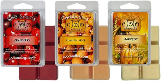 Fall or Winter Mix Wax Melts, 3 Pack – USA Made – Wax Cubes for Wax Melt Warmer, Masculine Autumn Spice Variety Pack - Harvest Time, Cranberry, and Pumpkin Spice
