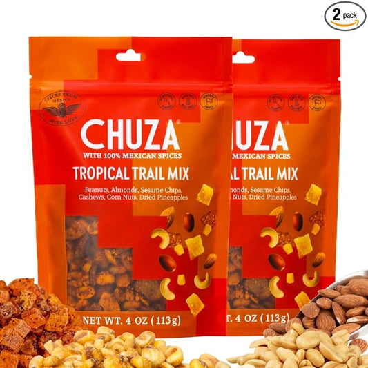 CHUZA Spicy Tropical Trail Mix – Bold & Crunchy Snack with 100% Mexican Spices – Peanuts, Almonds, Cashews, Sesame Chips, Corn Nuts & Dried Pineapples – No Cholesterol, High Protein – 4 oz