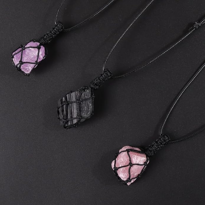 Handmade Natural Gemstone Crystal Pendant Necklace Stone Holder Necklace Cord Net Necklace with Adjustable Length for Women Men