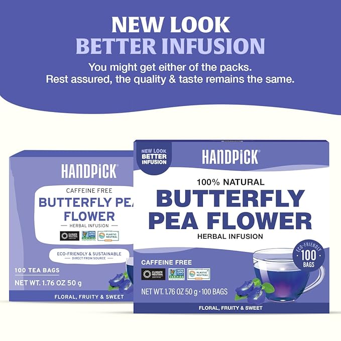 HANDPICK, Butterfly Pea Flower Tea (100 Herbal Tea Bags) | Caffeine Free, Non GMO | Premium Dried Butterfly Pea Flowers For Blue & Purple Drinks, Food Coloring | Iced Teas, Coolers, Cocktails