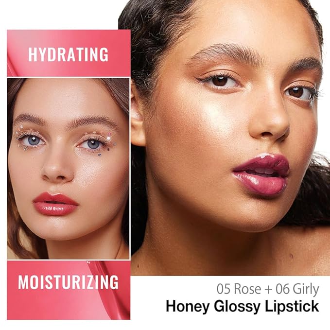 Kaely 2Pcs Honey Glossy Lipstick for Women, Rose & Girly Moisturizing Shine Lipstick for Dry Lips, Hydrating Nourishing Tinted Lip Balm, Sheer Lightweight Lip Gloss Stain Makeup, Vegan, 05+06