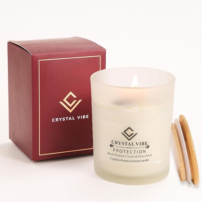 Crystal Vibe Protection Crystal Candle with Black Obsidian Crystals and Daisy Petals - Natural Soy Candles - Vanilla Scented Aromatherapy Candle Gifts for Christmas Birthdays