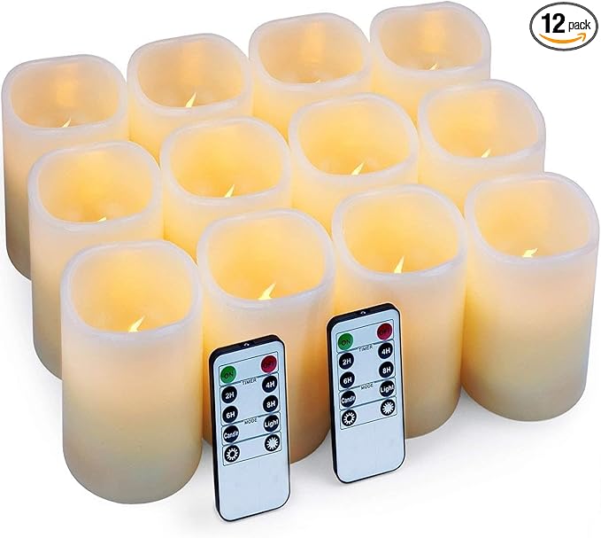 Hausware Flameless Candles Battery Operated Candles Set of 12 (D: 3" x H: 4") Real Wax Pillar Flickering Candles LED Flameless Candles with Remote and Timer Control (Ivory Color)