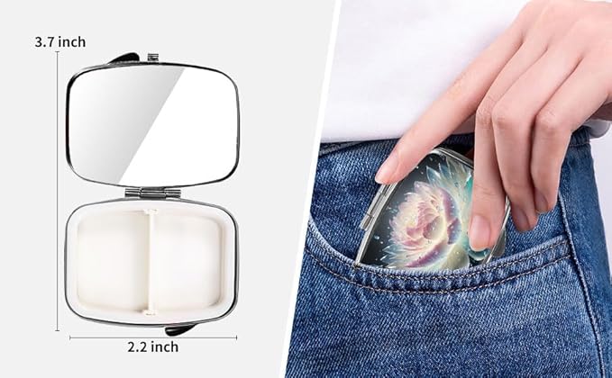 Dynippy Pill Case Pill Box with Mirror Retro Pocket 2 Compartment Medicine Case Vitamin Pill Organizer for Pocket Purse and Travel (Silver- Flower Water)