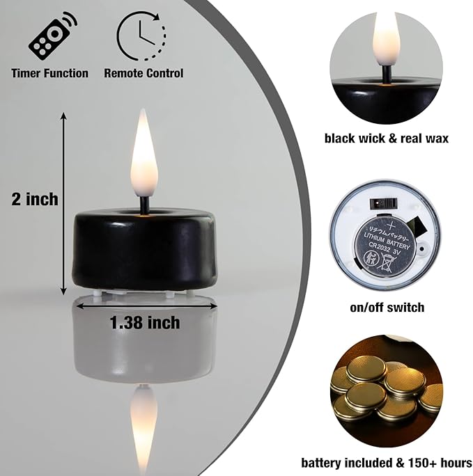 Eywamage Black Halloween Flameless Tealights with Remote Batteries, Real Wax Flickering LED Tea Votive Candles Set of 10