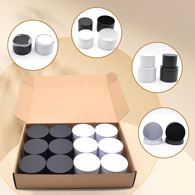 24-Pack White and Black Candle Jars, 12pcs 4oz + 12pcs 8oz Candle Tins for Making Candles, Empty Candle Jars for Making Candles Bulk Candle Containers - White & Black