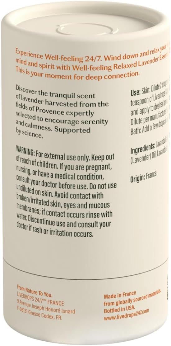 LIVEDROPS 24/7 Relaxed Lavender Essential Oil, Natural Vegan Aromatherapy for Diffuser or Diluted Skin Use, Calming Floral Herb Scent, Made in France, Bottled in USA, Clinically Tested, 10ml