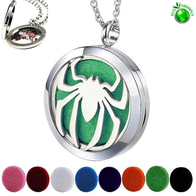 Essential Oil Diffuser Necklace - Aromatherapy Stainless Steel Spider Pattern Locket Pendant Jewelry Set for Birthday Christmas Halloween Women Men Teen