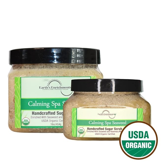 Earth's Enrichments Organic Sugar Scrub Vegan, Peppermint, Rosemary, Seaweed Body Scrub, Exfoliating, Great for Rough, Dry Skin, Lips, Feet and Elbows, Coconut Oil and Avocado Oil, 8oz
