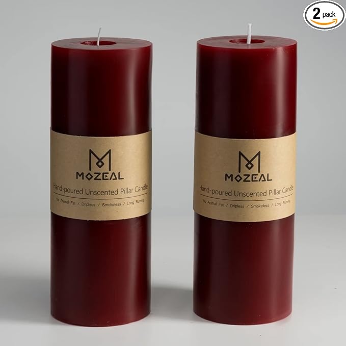 MOZEAL 3" x 8" Hand-Poured Unscented Large Candle,Smokeless Rustic Pillar Candle Set of 2,Slow Burn,No Drip,Approx 150 Hours Burning,Wedding,Dinner,Christmas and Home Decorative,Tall Dark Red Candle