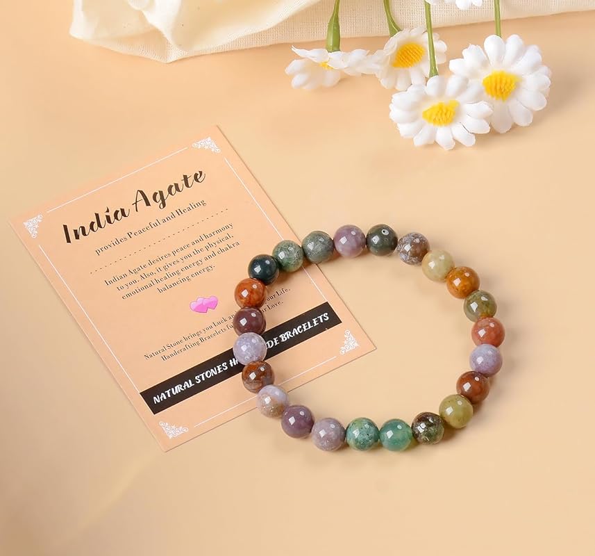 AD Beads Handmade Gemstone Stretch Elastic Bracelet Crystal Healing Reiki Nature's Beauty and Spiritual Essence Unisex (4mm, Indian Agate)