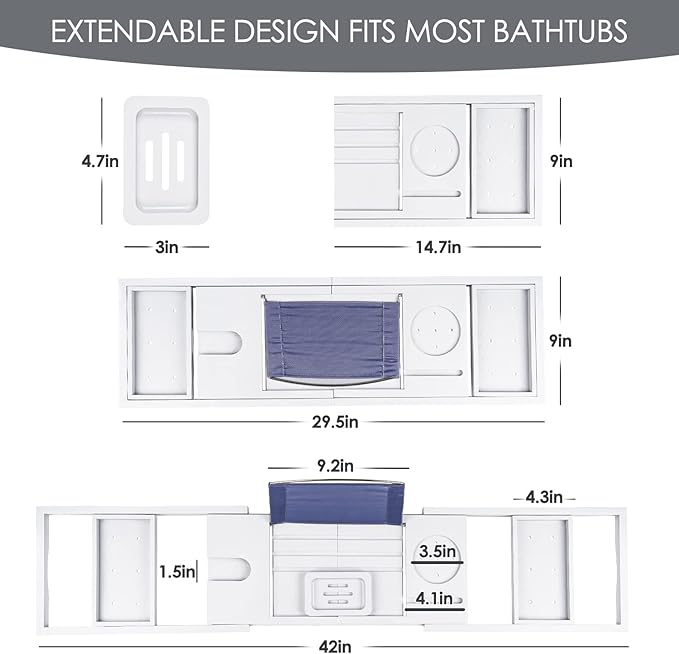 Foldable Bathtub Caddy Tray, Bamboo Bath Tub Tray Table for Tub with Wine Glass Holder Book Phone Tablet Holder with Extending Sides, Adjustable Bathroom Bathtub Free Soap Holder Gift Idea (White)