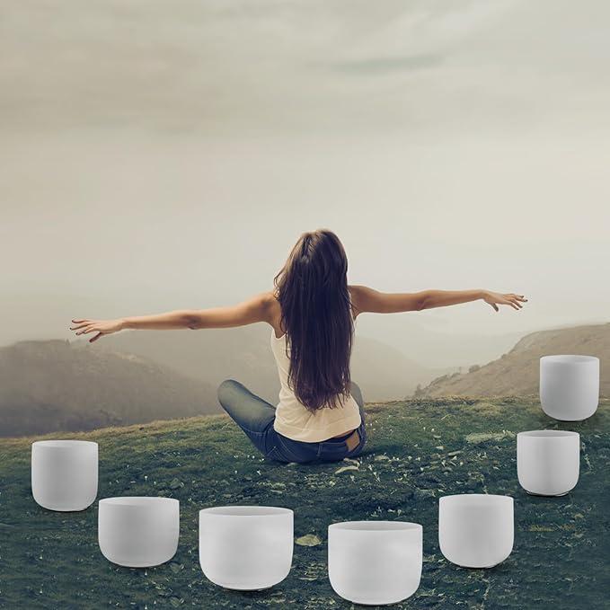 KRESEC 440Hz 7-12 Inch Crystal Singing Bowls Set of 7 – Chakra Tuned Quartz Sound Bowls for Meditation, Yoga & Reiki with Padded Cases, Suede Mallets & Silicone O-Rings