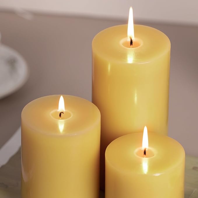 KONNI Mustard Yellow Pillar Candles Set of 3, 3"x 6" Unscented Pillar Candles Bulk, 56 Hours Long Burning Candles, Smokeless&Dripless Large Round Candle for Wedding, Home Decoration, Parties
