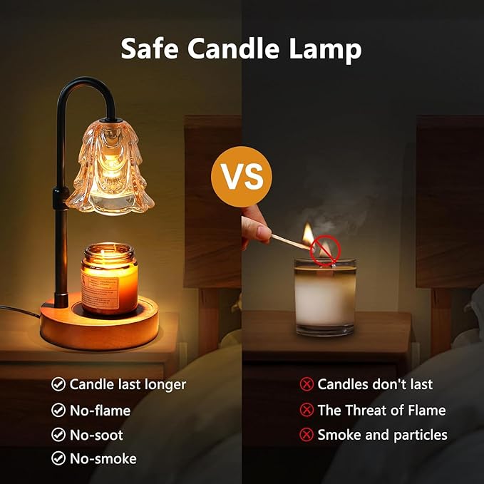 Candle Warmer Lamp with Timer and Dimmer - Adjustable Height Wax Melt Warmer, 4 Brightness Levels, 2/4/8H Timer, Wood Base & Glass Shade, Includes 2 GU10 Halogen Bulbs for Home Decor