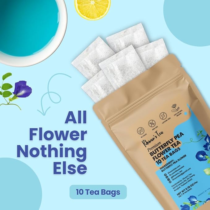 Khwan's Tea Butterfly Pea Flower Tea - Premium Herbal Tea Butterfly Pea Flower For Blue & Purple Natural Food Coloring, No Caffeine Tea, Sourced From Thailand