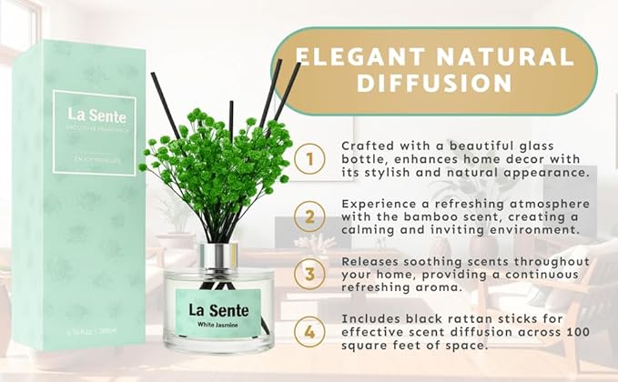 Reed Diffuser Set, Glass Bottle with Black Rattan Sticks, Dried Green Flowers, 6.7fl oz, 200ml (White Jasmine)
