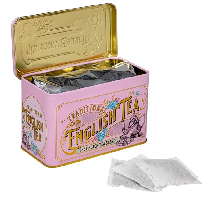 New English Teas Vintage Victorian Tea Tin with 40 Fine 1869 Blend English Teabags (Pink)