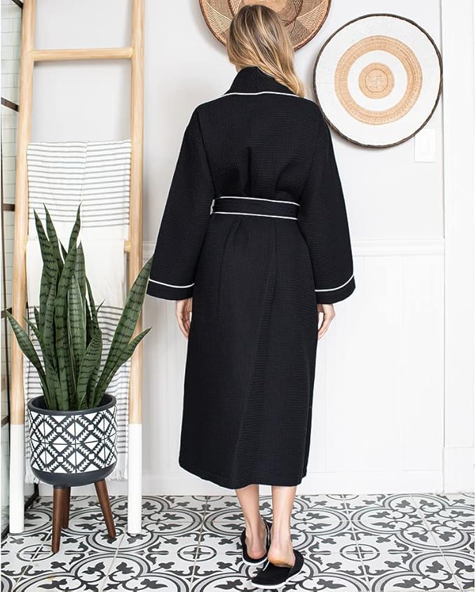 Lotus Linen Waffle Robes for Women - Lightweight Cotton Kimono Bathrobe - Long Soft Spa Bath Robe