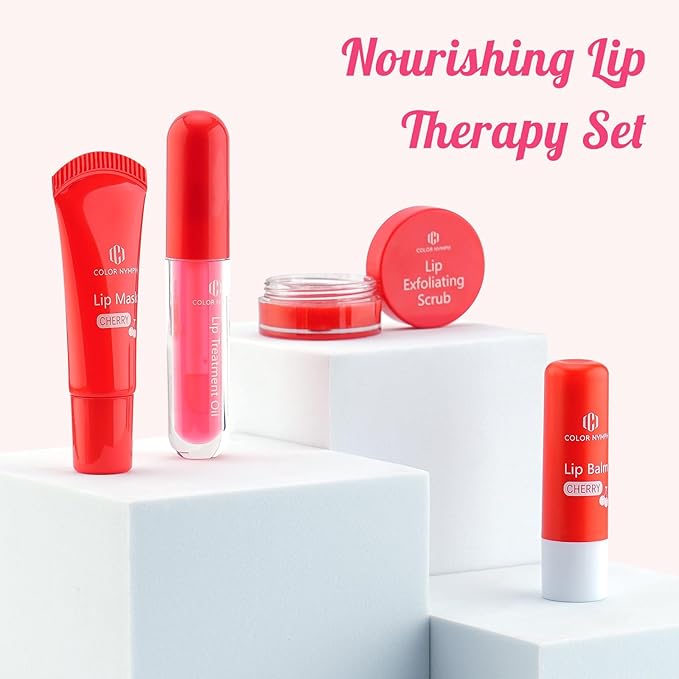 Color Nymph Lip Care Quad - Lip Balm, Overnight Lip Mask, Lip Treatment Oil & Lip Scrub, Intense Hydration Lip Set for Dry Chapped Cracked Lips, Exfoliate & Moisturize - 4 Piece Gift Set - Cherry