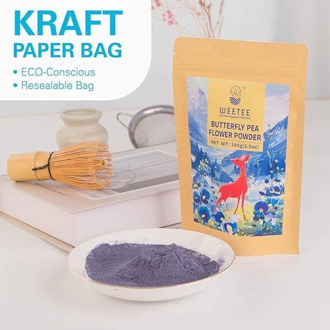WT WEETEE Butterfly Pea Flower Powder, 100% Natural & Pure from Blue Butterfly Pea Flowers, Caffeine Free Herbal Tea For Blue & Purple Drinks
