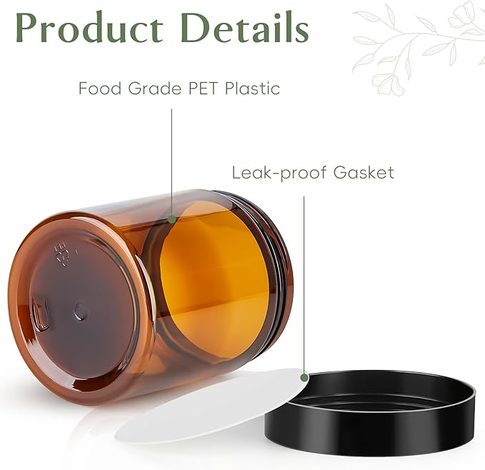 Qeirudu 8 oz Amber Plastic Jars with Lids and Labels, 12 Pack Empty Brown Body Butter Containers for Body Scrub, Cosmetic Beauty Products, Creams and Lotion