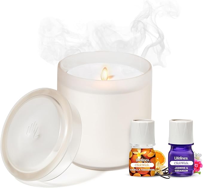 Lifelines Flameless Candle Aromatherapy Essential Oil Diffuser with 2 ClickWick Essential Oil Blends - Cordless & Waterless Diffuser for Home - Scented Electric Candles Blow Out Flame - Frosted Cream