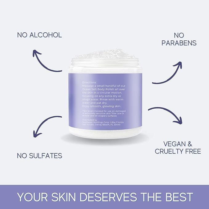 Sea Salt Body Scrub by Florida Glow - Ocean Salt Body Polish Infused with Marine Algae - Exfoliating Face and Body Scrub - to Tackle Acne and Scars for Smooth Soft Skin (Lavender, 12.1 oz)