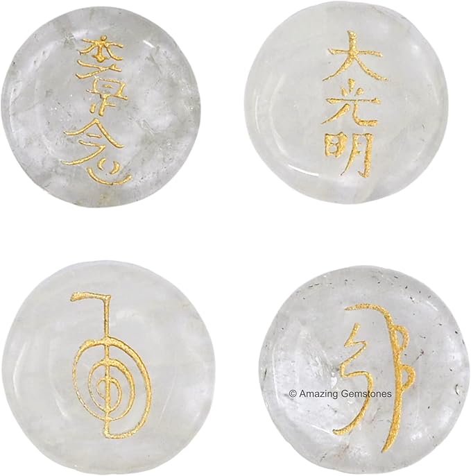 Amazing Gemstone Clear Quartz Crystal Reiki Stones with Engraved Symbols for Usui Reiki Healing, Set of 4 Pcs (Indian Handmade Reiki Gift Set)