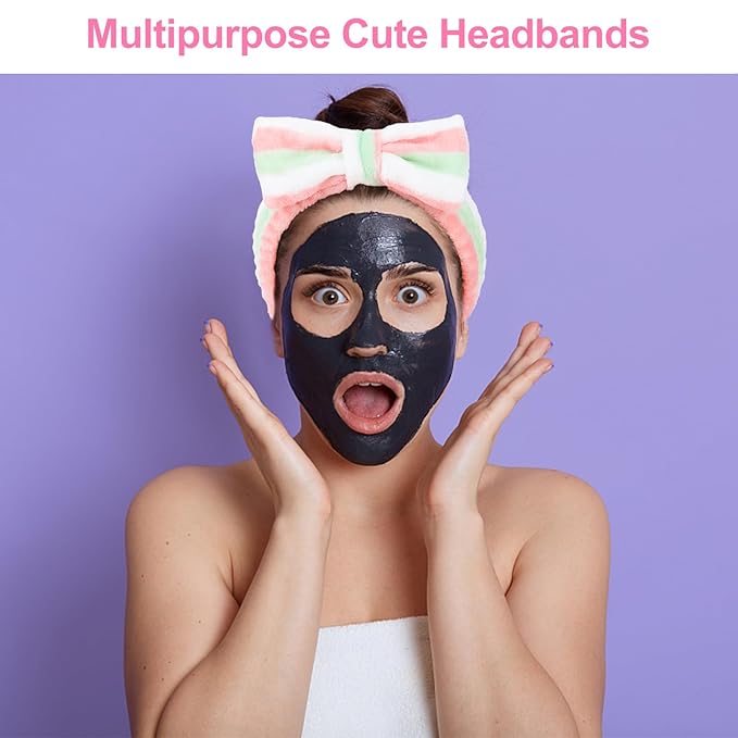 Ondder 8 Pcs Striped Spa Headband, Fuzzy Skincare Headbands for Women - Multipurpose Hair Band for Washing Face, Makeup, Facial, Yoga - Fleece, Terry Cloth, Microfiber, 8 Count Pack