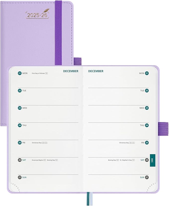 BEZEND Pocket Planner 2026 Weekly and Monthly (3.5" x 6"), 2-Column Calendar Book for Purse (Jul 25-Dec 26), Dual Schedule for Daily Appointment, Inner Pocket, PU Leather Hardcover - Lilac
