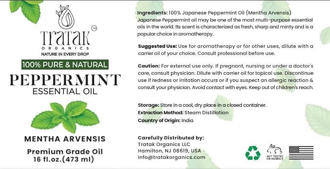16 fl oz - Peppermint Essential Oil 100% Pure, Uncut and Natural, 16 fl oz - Peppermint Essential Oil for Aromatherapy, Diffuser, Hair Care, Skin Massage - with Dropper