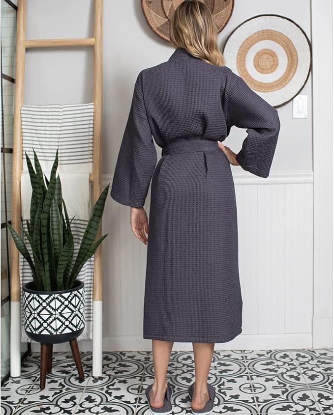 Lotus Linen Waffle Robes for Women - Lightweight Cotton Kimono Bathrobe - Long Soft Spa Bath Robe