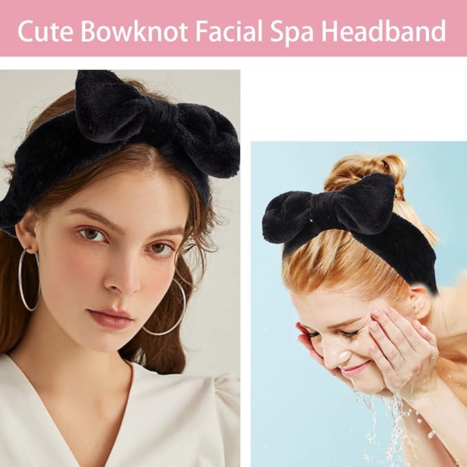 WHAVEL 6 Pack Spa Headbands - Black Microfiber Bowtie & Soft Bowknot Fluffy Elastic Hair Bands - Cosmetic Coral Fleece Shower Headbands