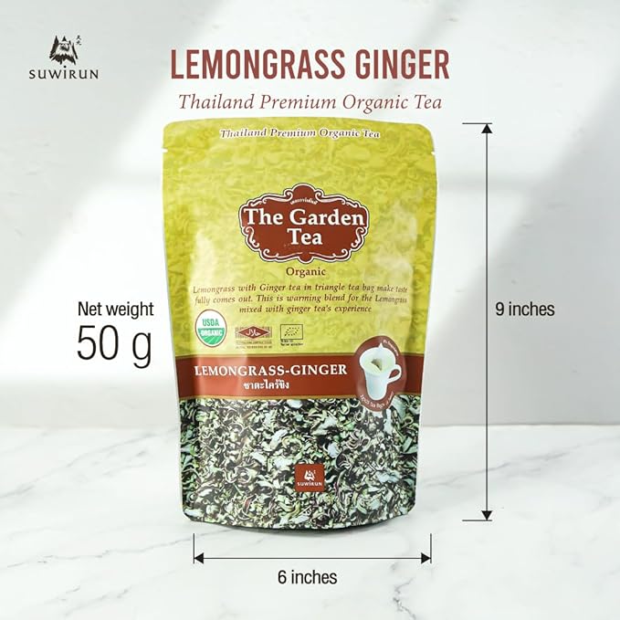 Suwirun Organic Lemongrass & Ginger Tea 25 Bags – Product of Thailand – Warming & Soothing Herbal Tea, Caffeine-Free, No Calories, Refreshing & Digestive Support
