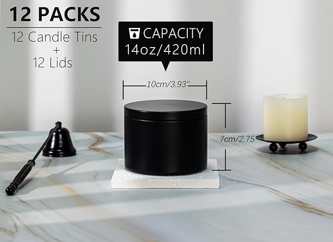 Candle Tins with Lids, 3 Wicks Candle Jars 14oz/420ml Candle Containers 12 Pack Seamless Bulk Candle Containers for Candle Making Supplies Wholesale Empty Candle Jars - Black