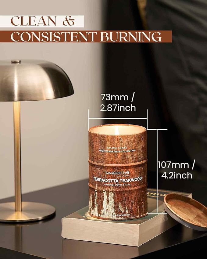 M&SENSE Terracotta Teakwood Scented Candles Natural Non Toxic, Aromatherapy Candle for Stress Relief Meditation Relaxing, Housewarming Gifts for Women Men, 11.3oz 70 Hour Long Burning